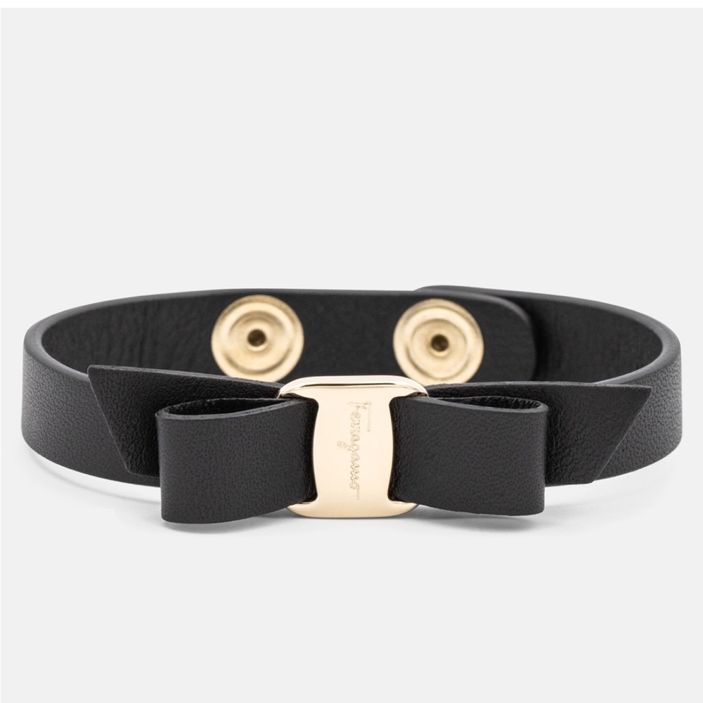 Authentic Salvatore Ferragamo Vara Bow Black Leather Bracelet